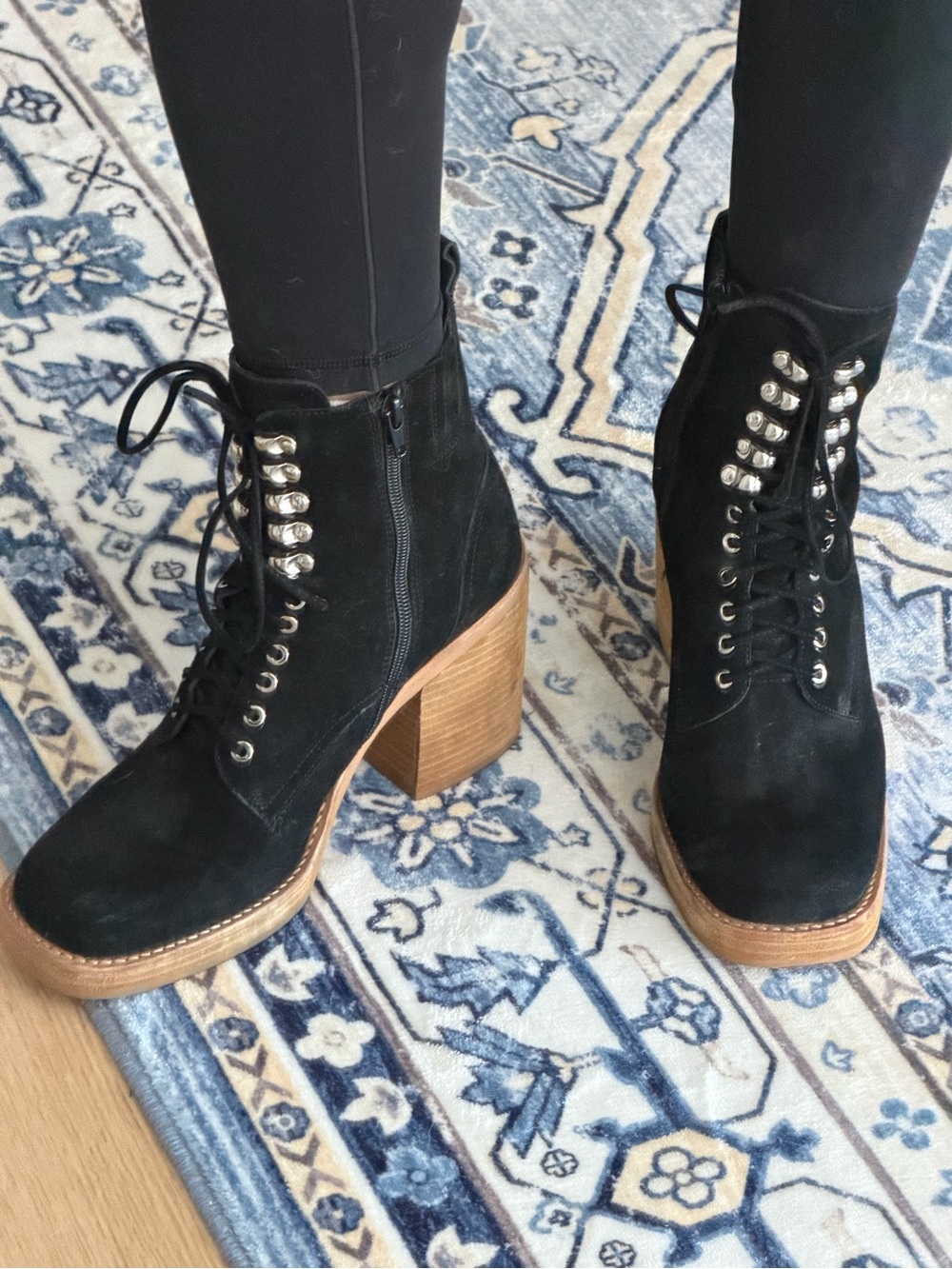 Free People x Jeffrey Cambell Black Suede Lace-Up Block Heel Ankle Boots Size 10